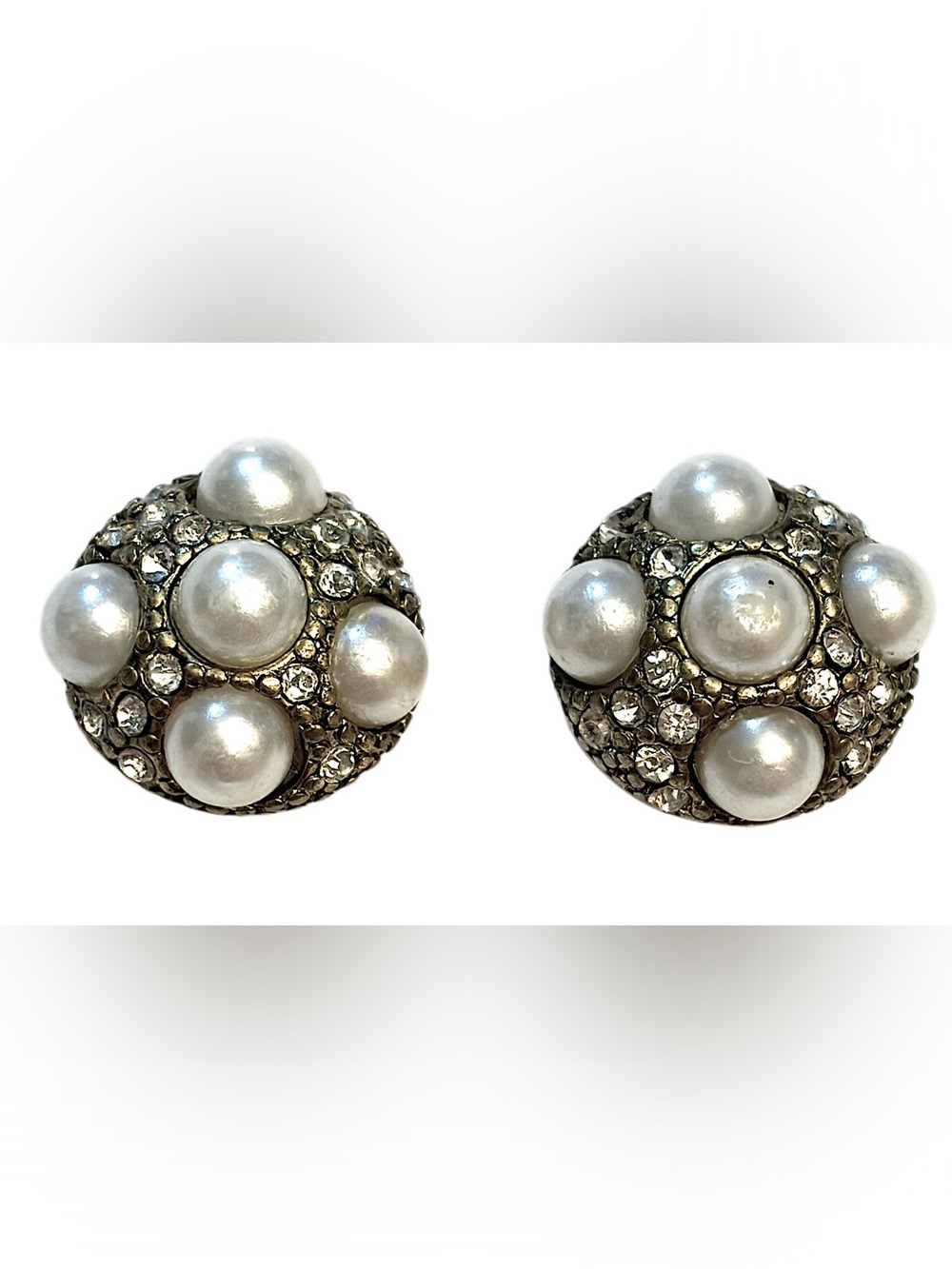 Pearl and Crystal Dome Earrings Silver White